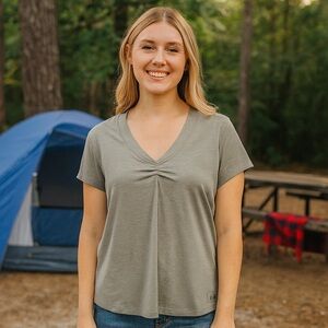 REI Grey V-Neck Blouse Camping Hiking Outdoors Athletic Comfort Stretch S